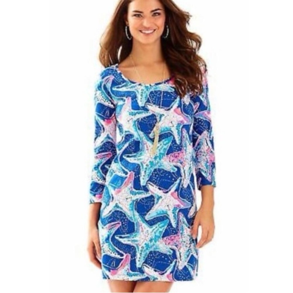 Lilly Pulitzer Cotton Beacon Dress Indigo Star Struck Blue Pink Starfish Sz XS